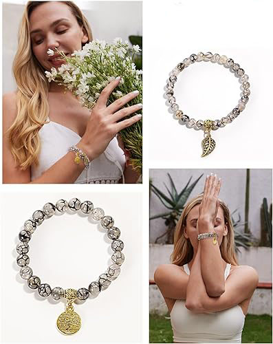 (2er Set) 225-240mm Naturstein Armband Edelstein Armkettchen mit Anhänger - Grauer Achat