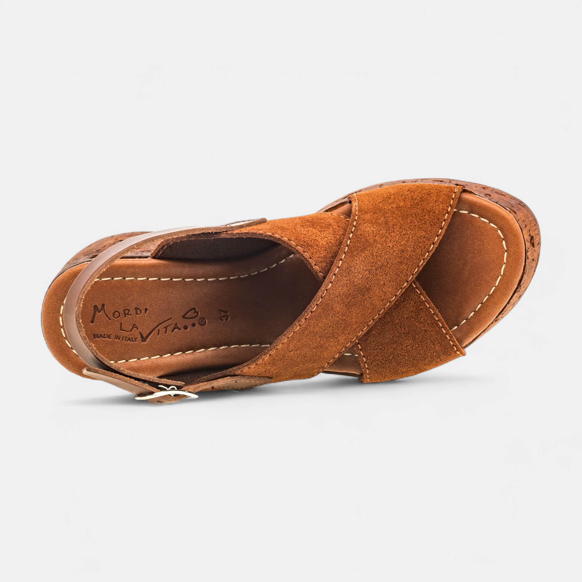 Chaussures semelle bois à talon compensé Femme en cuir cognac