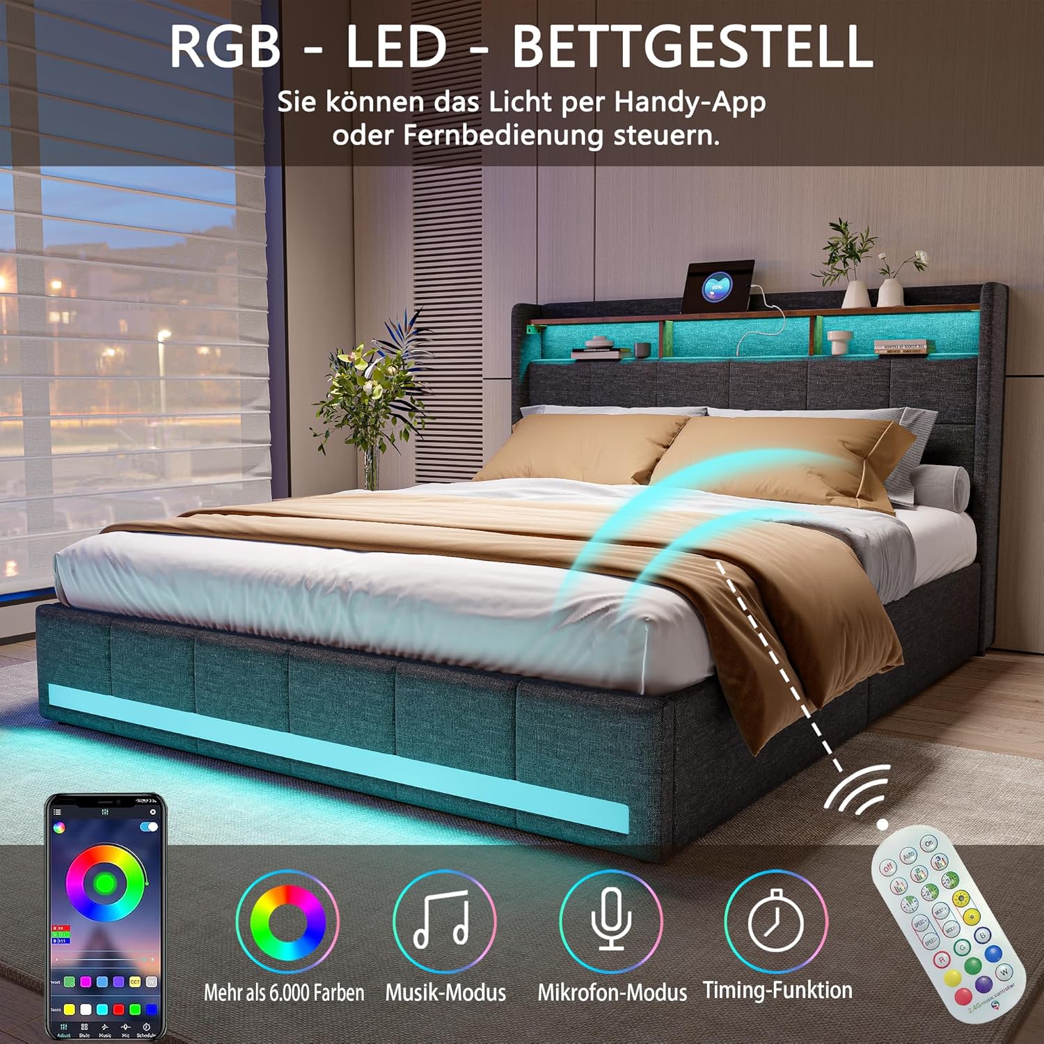 Bett 180x200, Polsterbett Doppelbett mit LED und USB, 4 Schubladen, Kopfteil mit Stauraum, Boxspringbett Bettgestell mit Lattenrost, Modern Jugendbett Erwachsenenbett, Leinen, Grau, Ohne Matratze