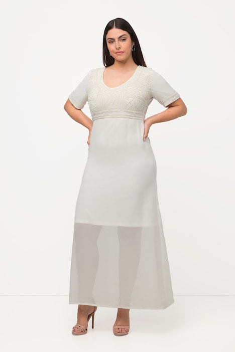 Hochzeitskleid, Perlenstickerei, V-Ausschnitt, Halbarm