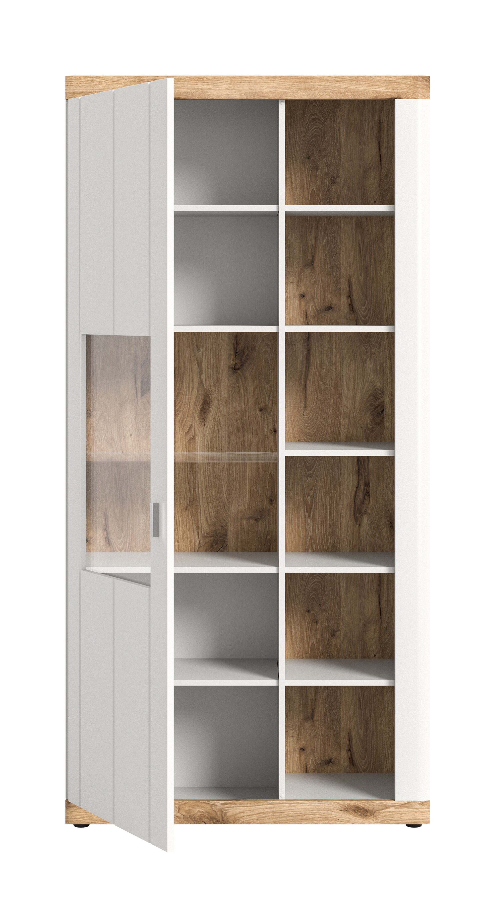 Vitrine LAREDO 100 x 204 cm weiß matt tiefgezogen/Nox Eiche Dekor