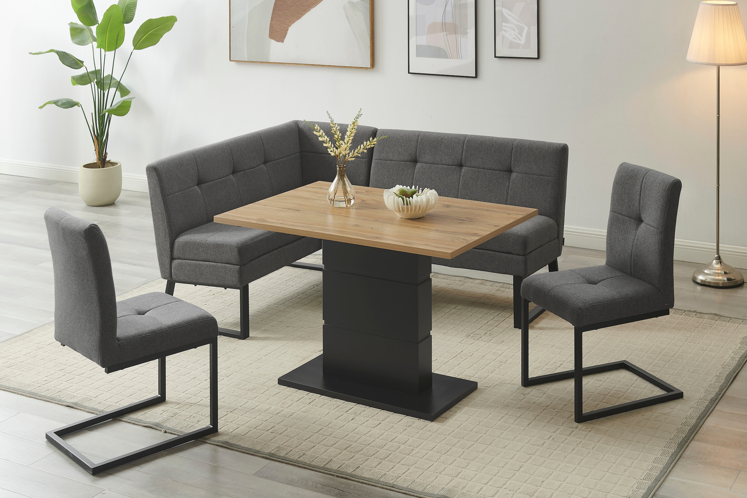 GOODproduct Eckbankgruppe »Geranie, Sitzgruppe, Eckbank inkl. Stauraum, Esstisch, 2 Freischwinger« Set, Eckbank inkl. Stauraum wahlweise links und rechts montierbar, 4 Stk. tlg.