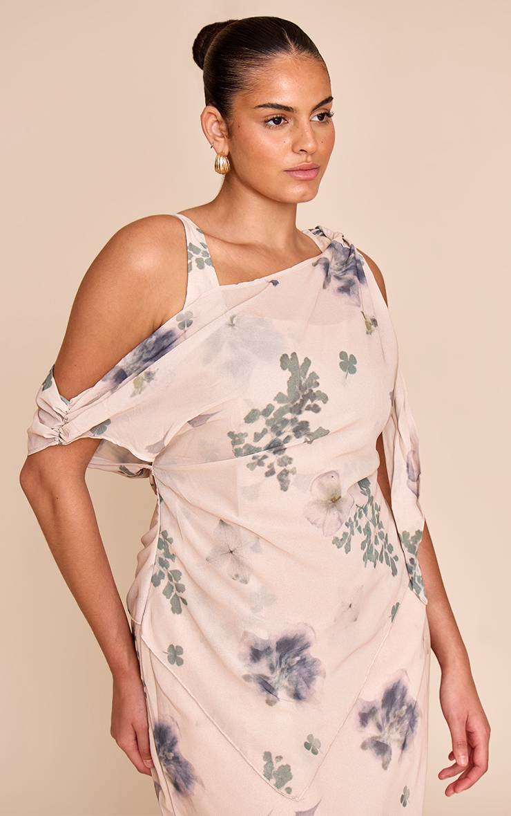 Sable Robe Maxi Drapée En Mousseline Imprimée Abstraite Grande Taille