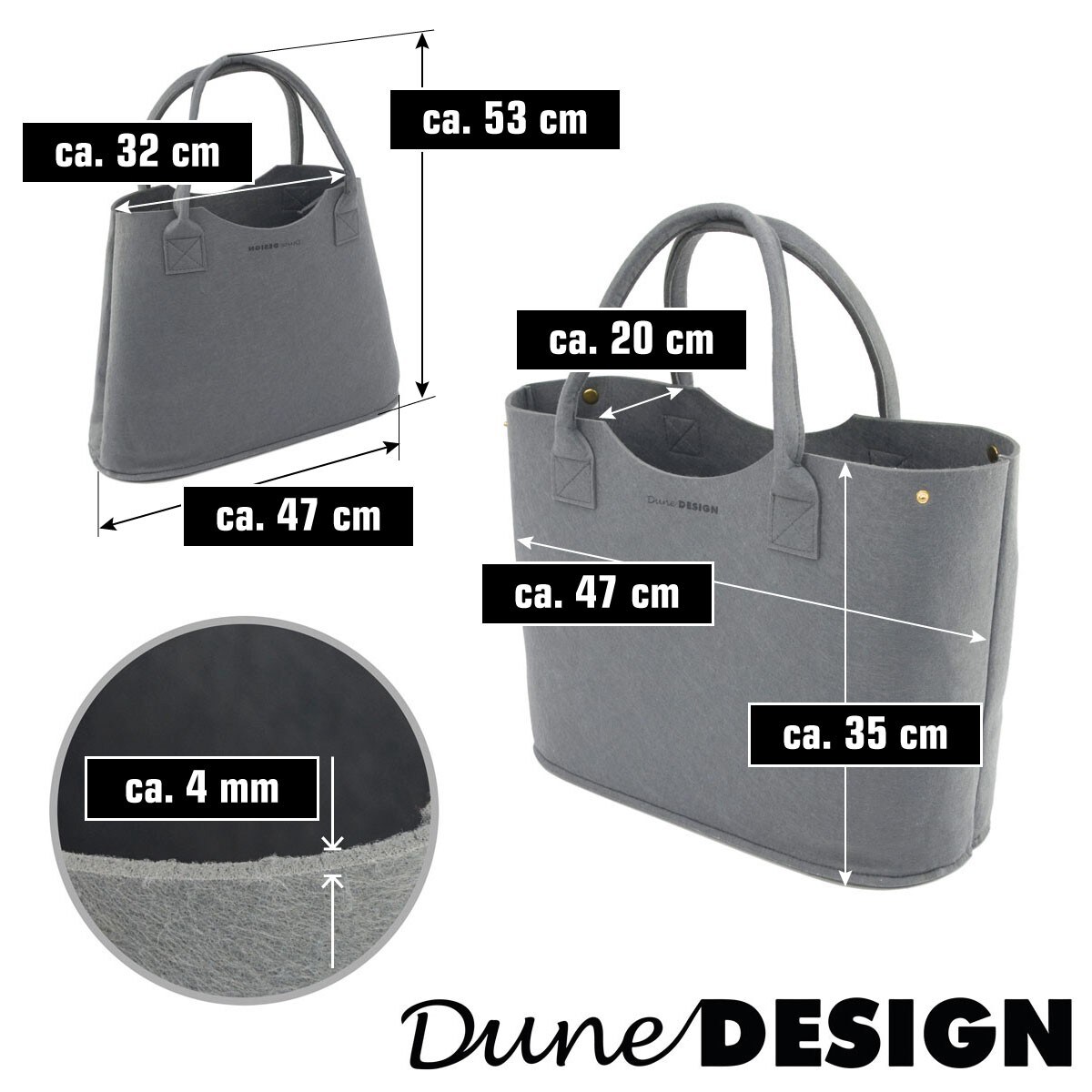 2-in-1 Erweiterbarer Filz Shopper 47x20x35cm XL Tasche Einkaufstasche Groß