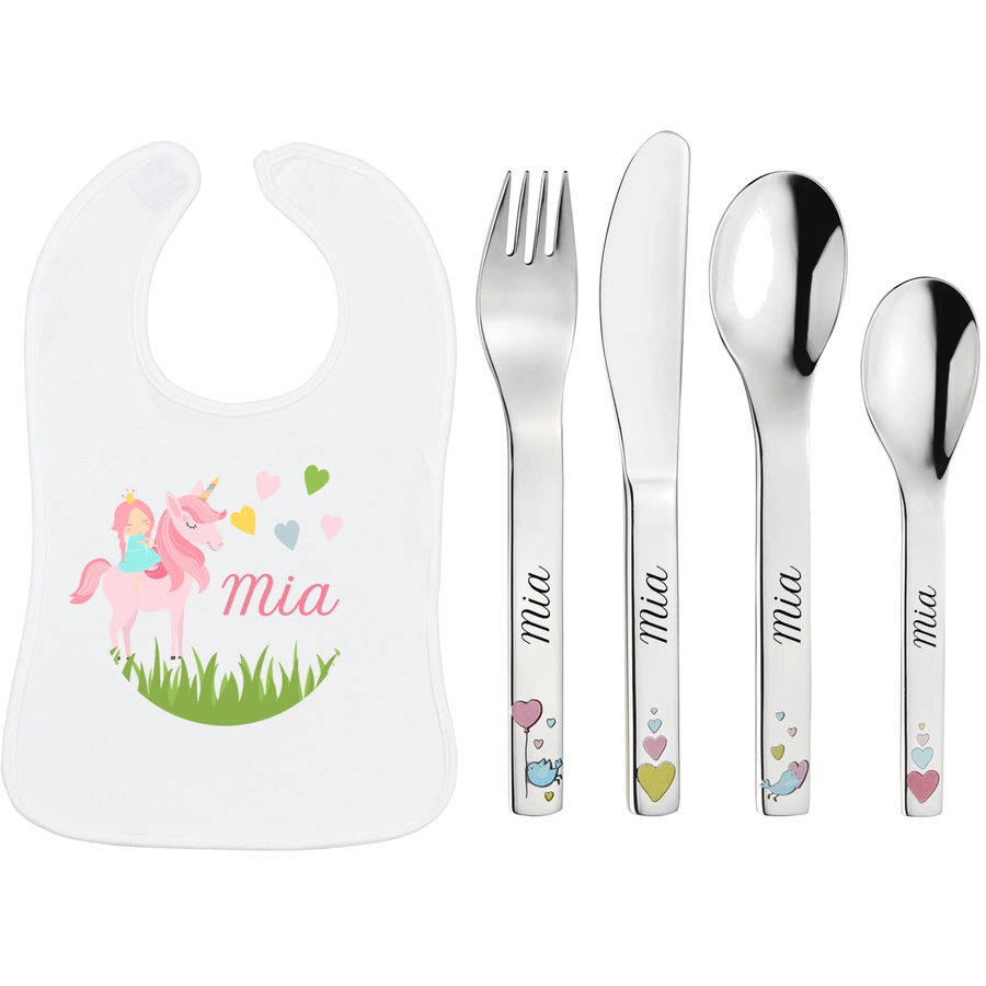 Schnullireich Geschenkset mit Namen Cora: Puresigns Kinderbesteck + Lätzchen Einhorn Herz Silber