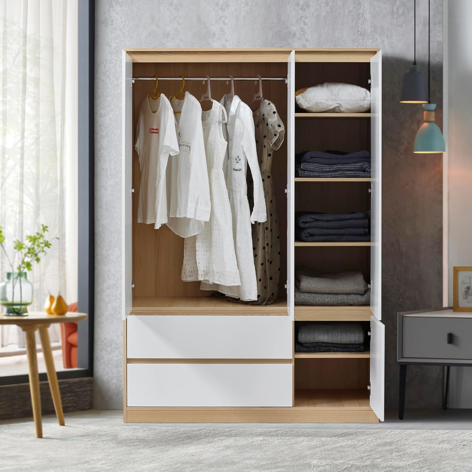 [en.casa] Kleiderschrank Bastheim Schrank mit 4 Türen Garderobenschrank 176 x 120 x 52 cm Schlafzimmerschrank mit 1 Kleiderstange 6 Fächern und 2 Schubladen Eicheoptik/Weiß