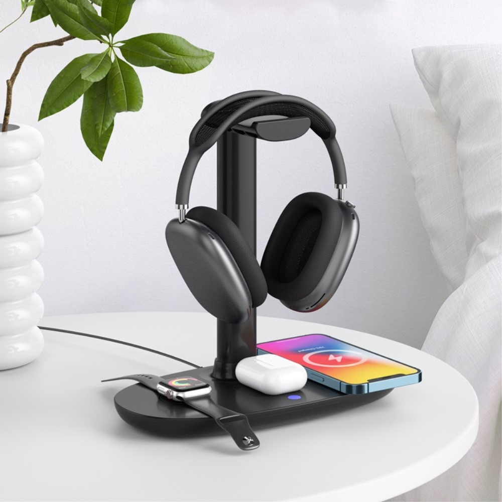 (15W) 4in1 USB C Wireless Charger Magnetisches Ladegerät mit Headset Halterung für Apple iPhone / Apple Airpods / Apple Watch - Schwarz