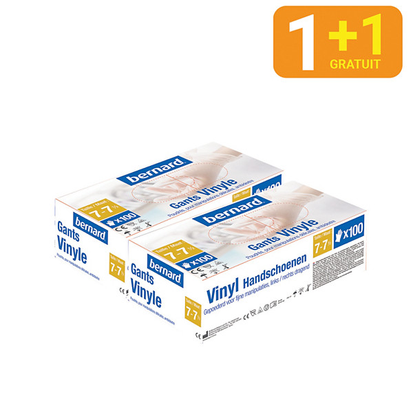 1 + 1 Gants jetables vinyle poudrés Premium Bernard taille 7, boîte de 100