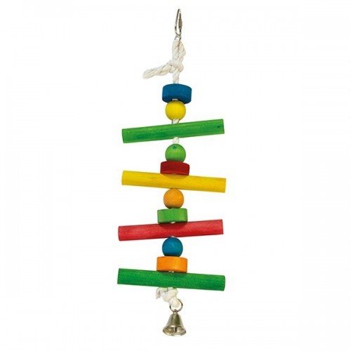 Brinquedo com madeira colorida, bolas e um sino multicolorido.