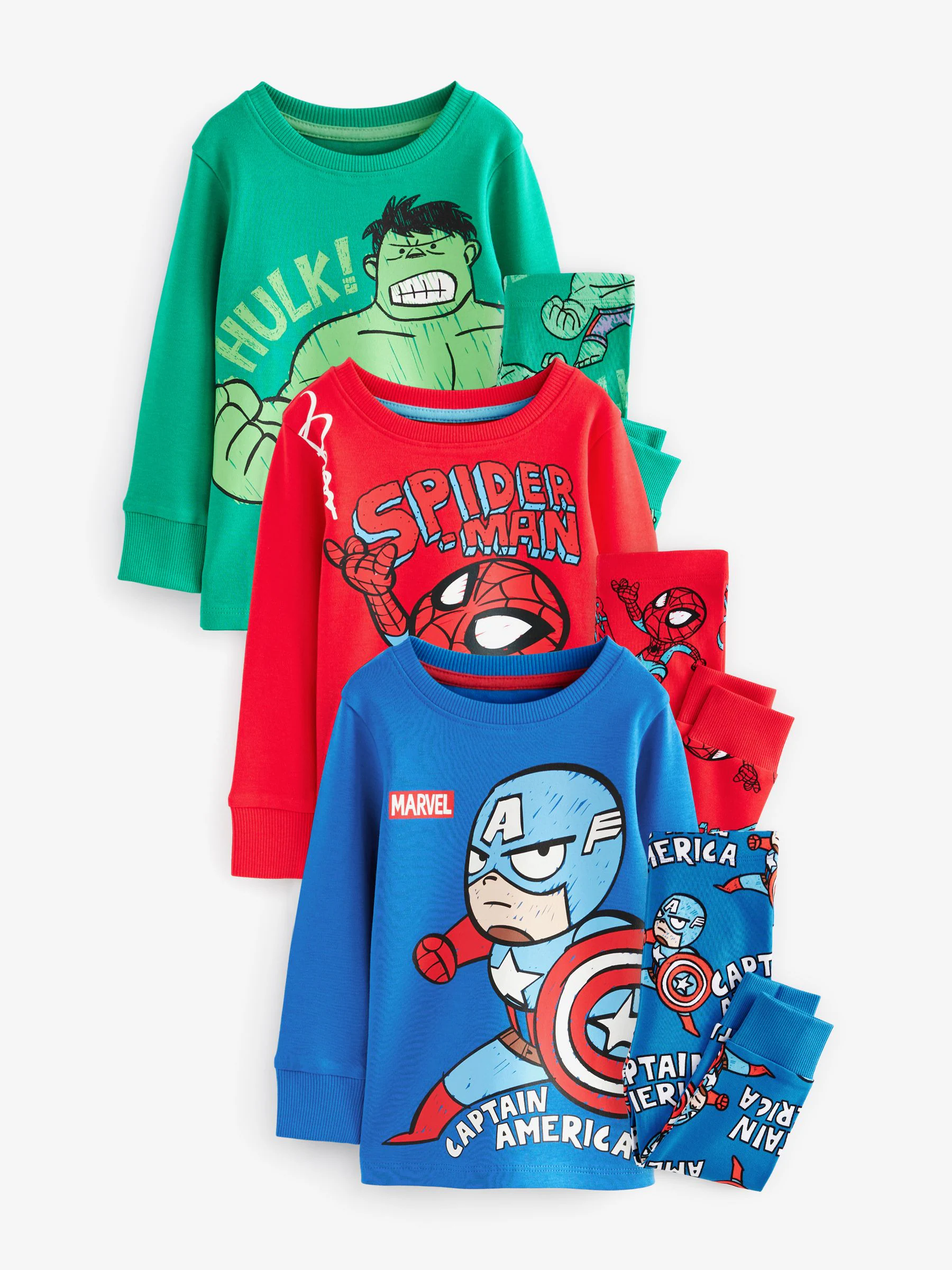 Marvel Rood/groen/blauw - Verpakking van 3 knusse pyjama's (9 mnd-8 jr)