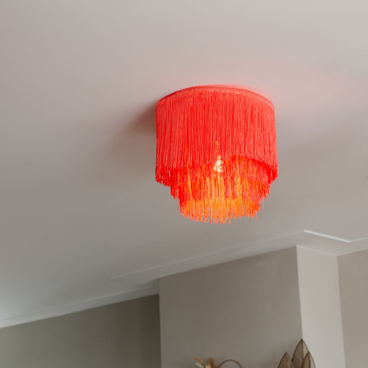 Oosterse plafondlamp goud roze kap met franjes - Franxa