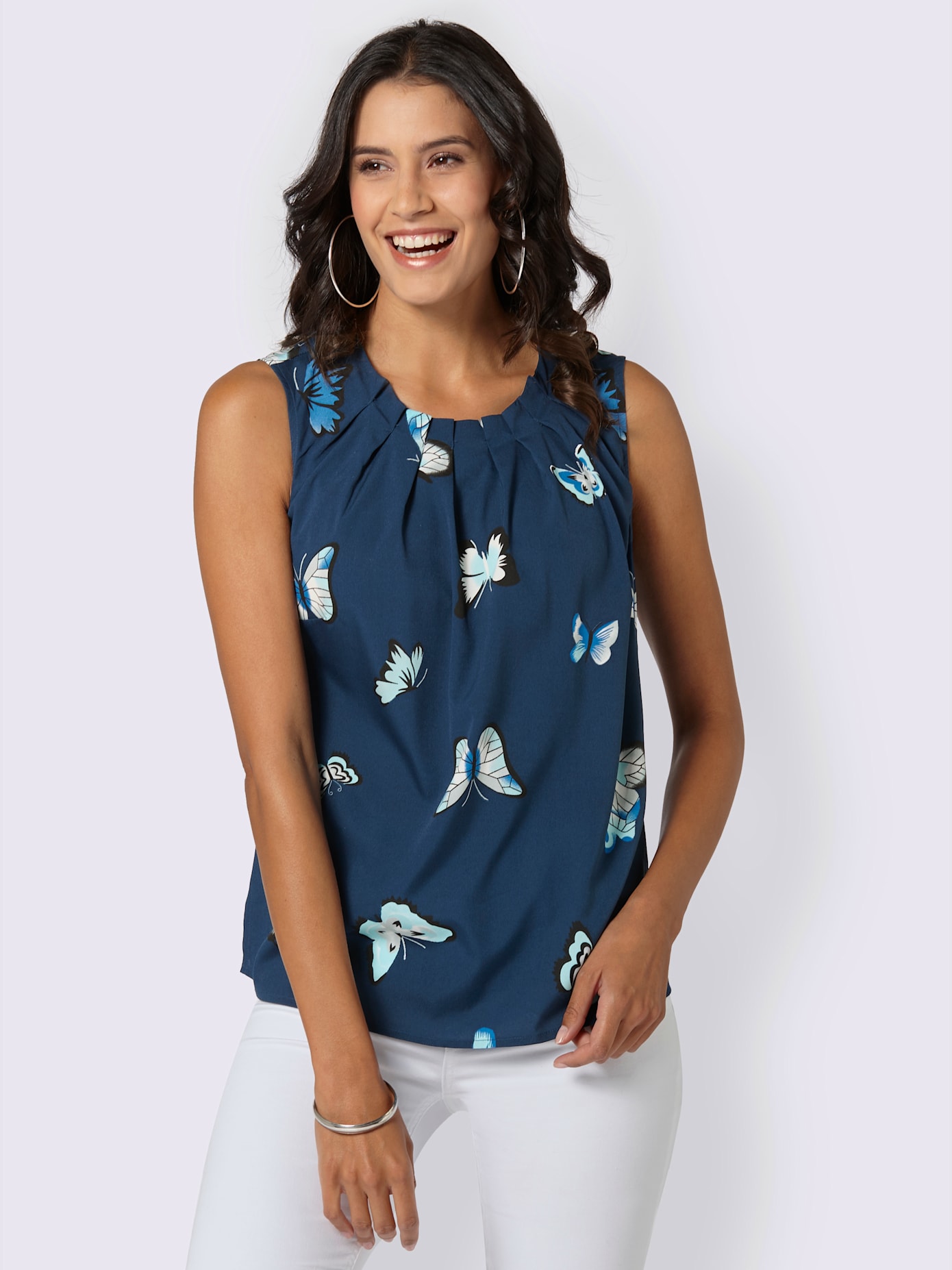 Blouse fluide sans manches imprimé col rond avec plis décoratifs