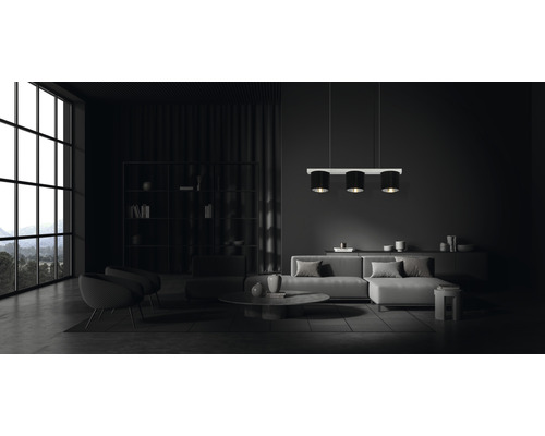 Hanglamp, 3-lichts, HxL 136x65 cm, zilver/zwart, stoffen kap zwart aan de buitenkant, zilver aan de binnenkant