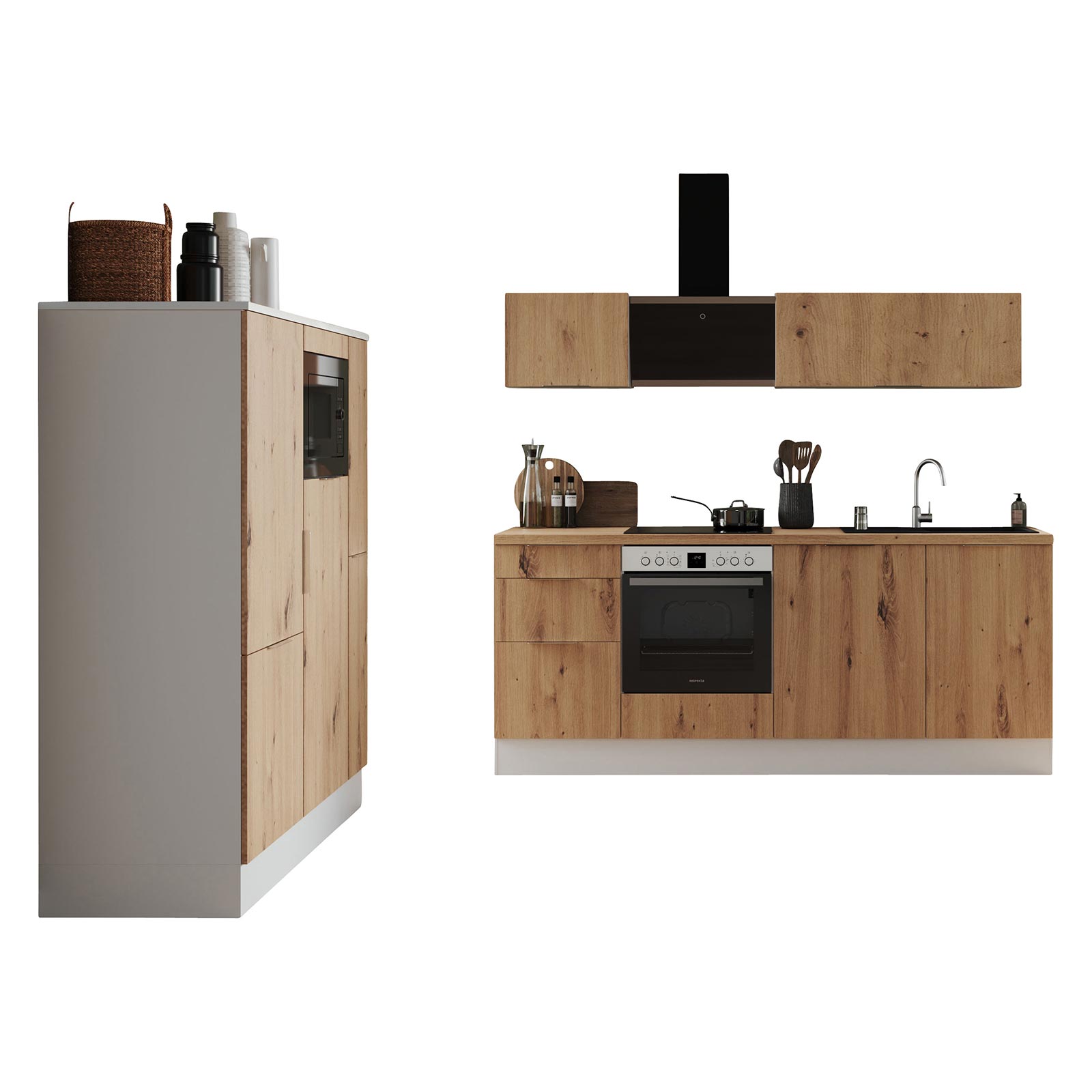 RESPEKTA Küchenblock - weiß matt - Artisan Eiche - mit E-Geräten - 370 cm