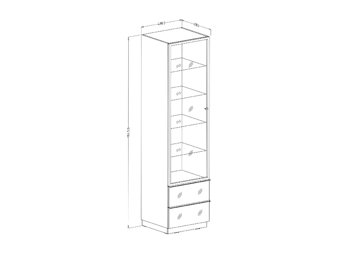 Vitrine haute ZANTE avec 1 porte vitrée et 2 tiroirs - Blanc brillant - 50 x 194 x 48 cm