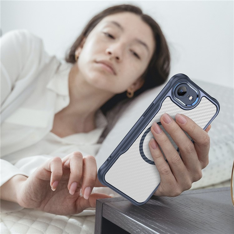 iPhone 16e MagSafe Gummi Case Schutzhülle Carbon Look Air Cushion Fallschutz mit Kameraschutz - Blau / Transparent