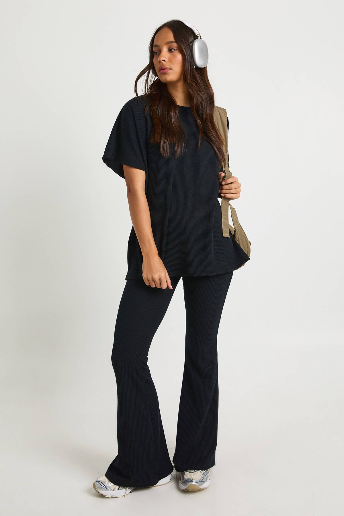 boohoo Legging côtelé bicolore évasé & top coordonné