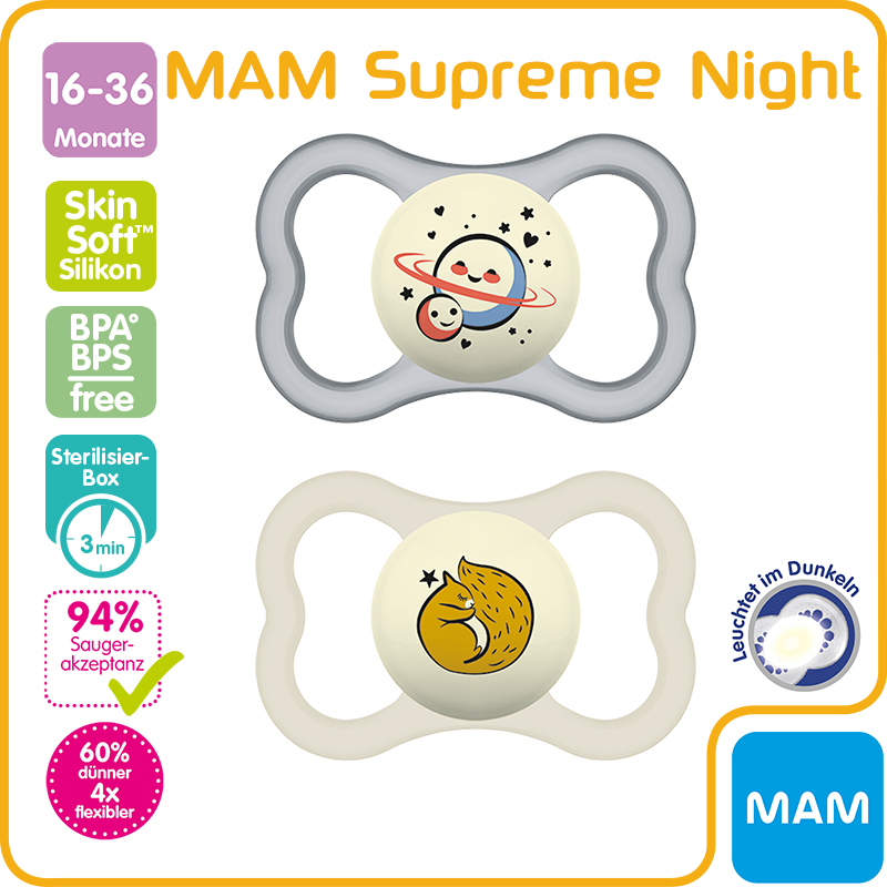 MAM Supreme Night Nuggi Silikon 16-36 Monate 2 Stk