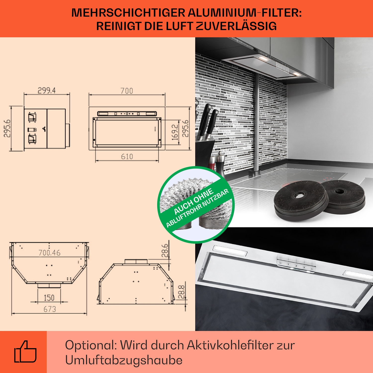 Camila Dunstabzugshaube Einbau 70 cm 397 m³/h LED Touch Edelstahl Edelstahl