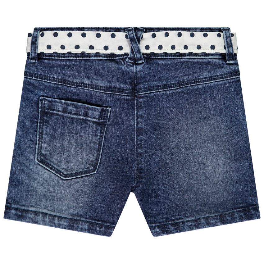 Short denim avec ceinture foulard imprimé pois et fleur brodée pour fille - Bleu