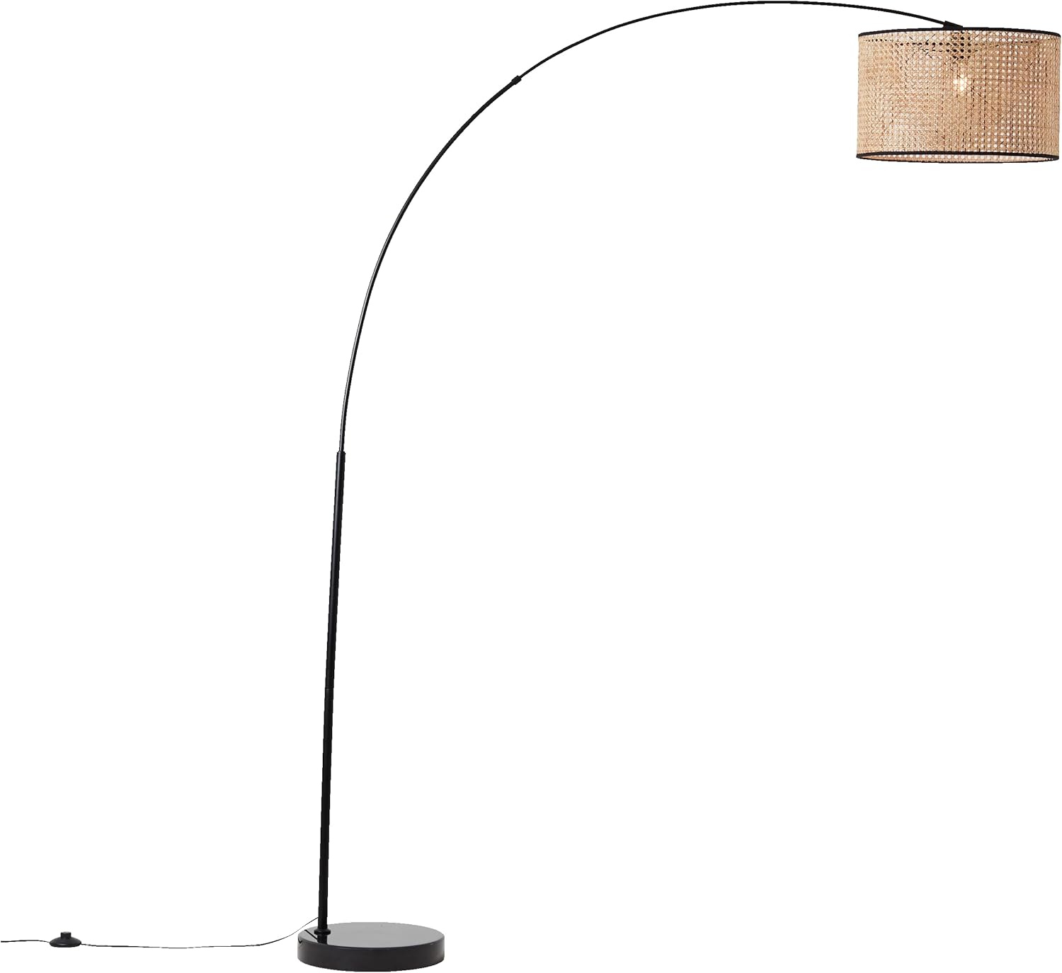 Lightbox Bogenstehlampe im Nature Stil | Boho Standleuchte mit Rattan Schirm & Teleskoparm & schwenkbarem Kopf | ideal für Wohnzimmer | 2 m Höhe | E27 Fassung | aus Metall/Rattan in Hellbraun/Schwarz