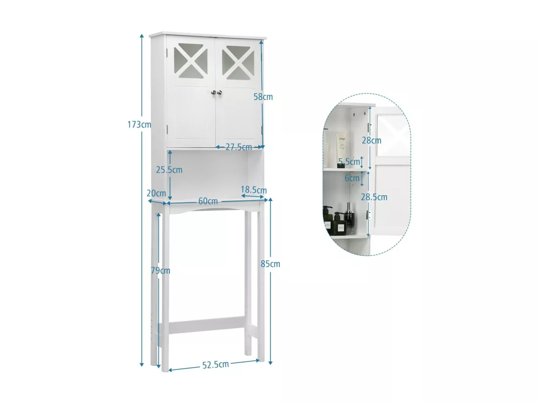 Meuble WC au-Dessus des Toilettes Étagère de Rangement de Salle de Bain Hauteur Réglable 2 Portes avec Verre Trempé, Blanc