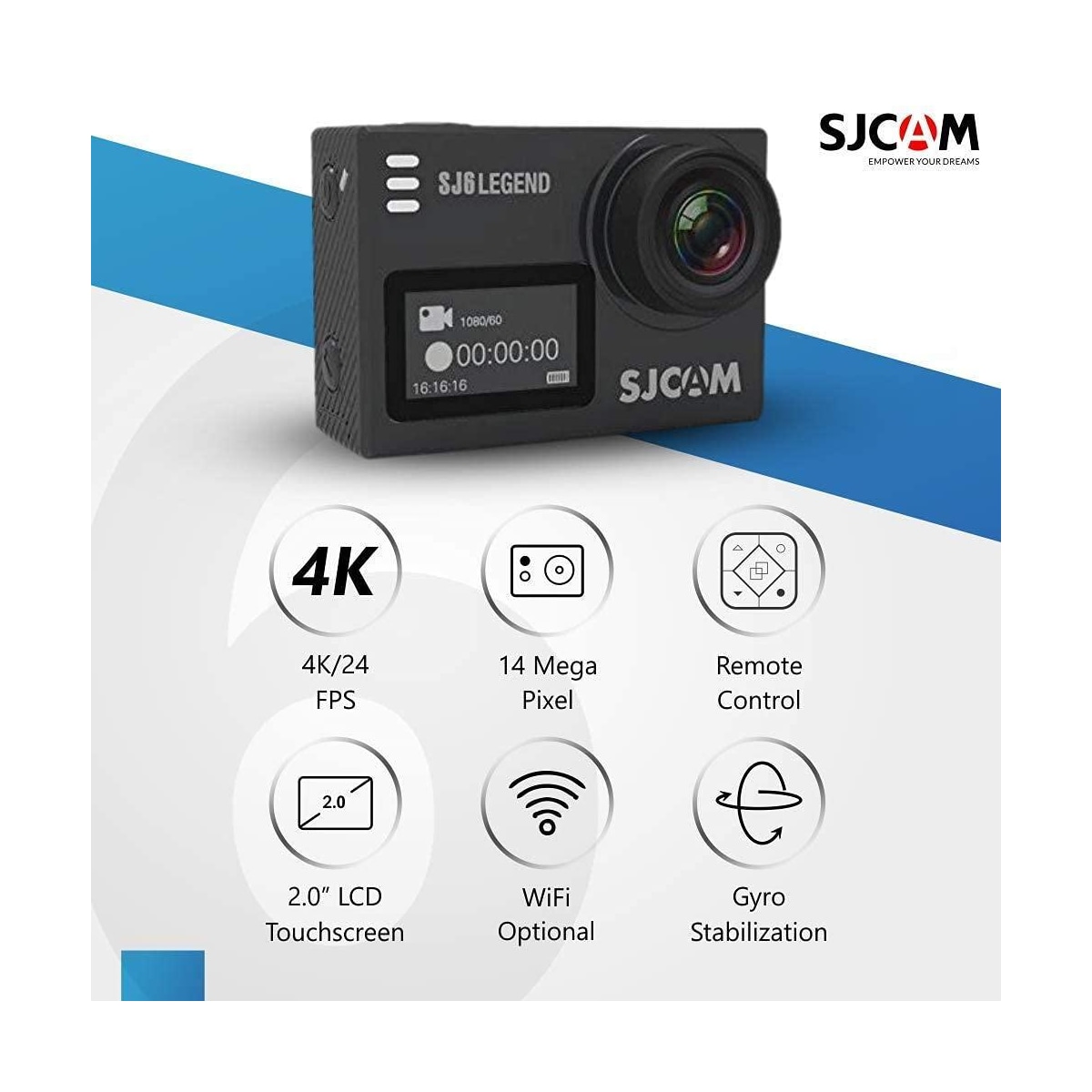 SJCAM SJ6LEGEND 4K 24fps actionkamera, 3-akset stabilisering, vanntett, berøringsskjerm, Wifi tilkoblet.