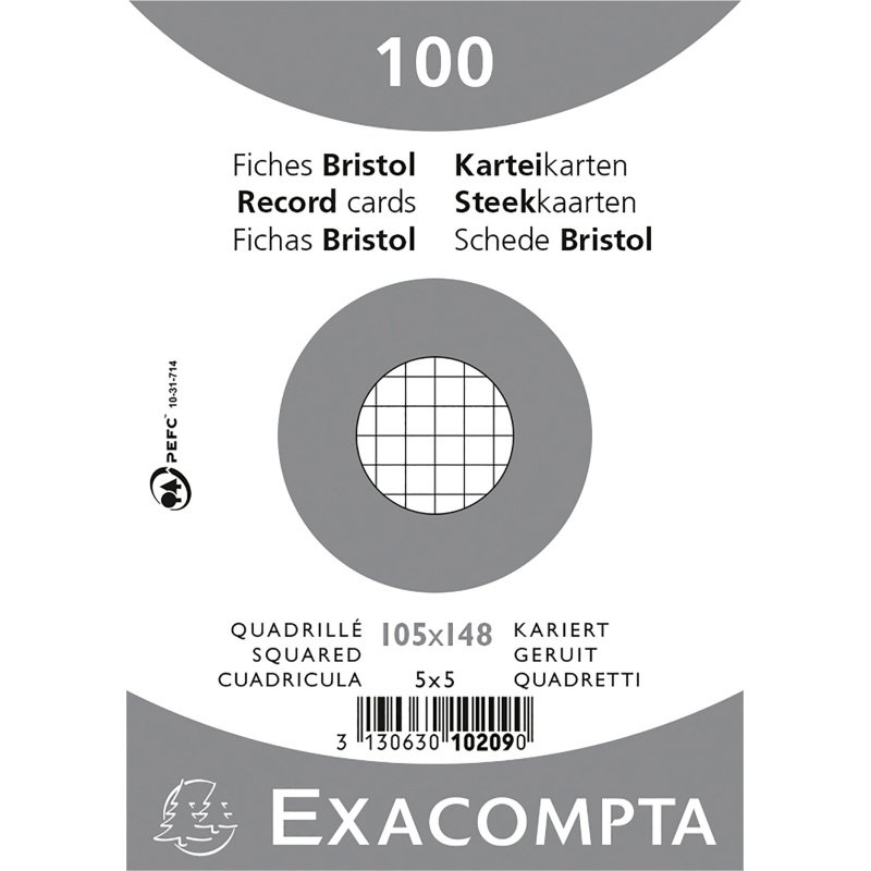 Fiche bristol 148 x 105 mm quadrillée 5 x 5 blanche non perforée Exacompta - Boîte de 100
