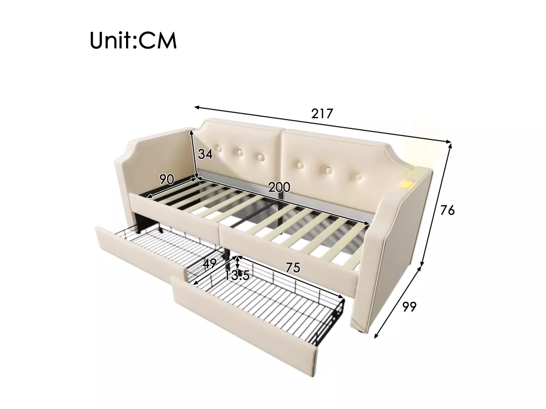 Lit banquette 90x200cm en velours - avec fonction recharge et LED - avec sommier à lattes - Beige