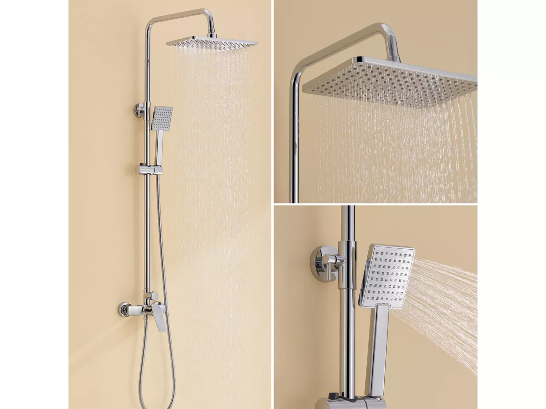 Auralum max Colonne de Douche Mécanique,Hauteur Réglable 90-1240mm Set Douche en Laiton Chromé+Ensemble Salle Bain Accessoire 6 Pièces,Inox,Brossé