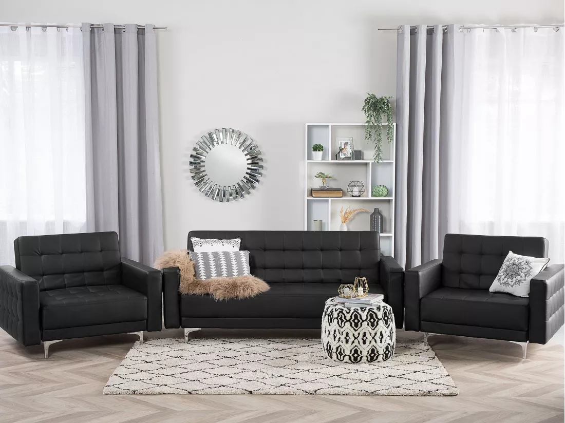 Ensemble canapé et fauteuils en cuir PU noir 5 places ABERDEEN