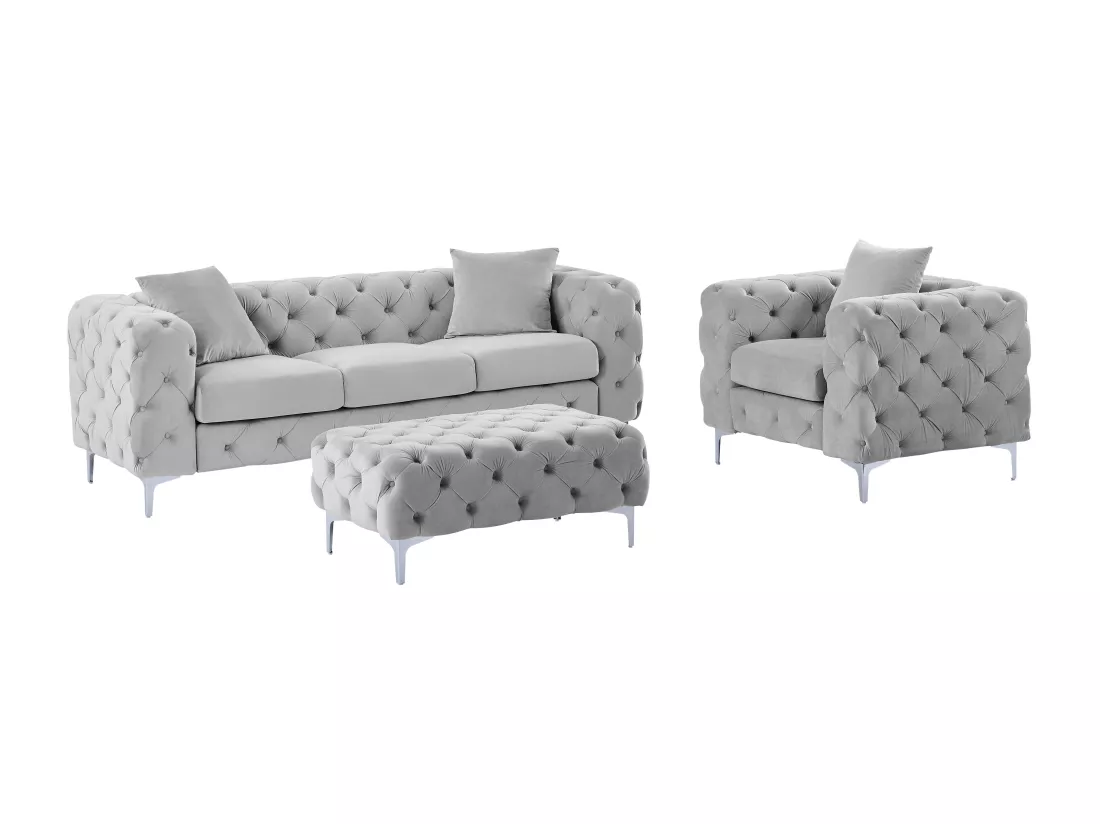 Canapé 3 places, fauteuil et pouf chesterfield en velours gris clair EDWINA
