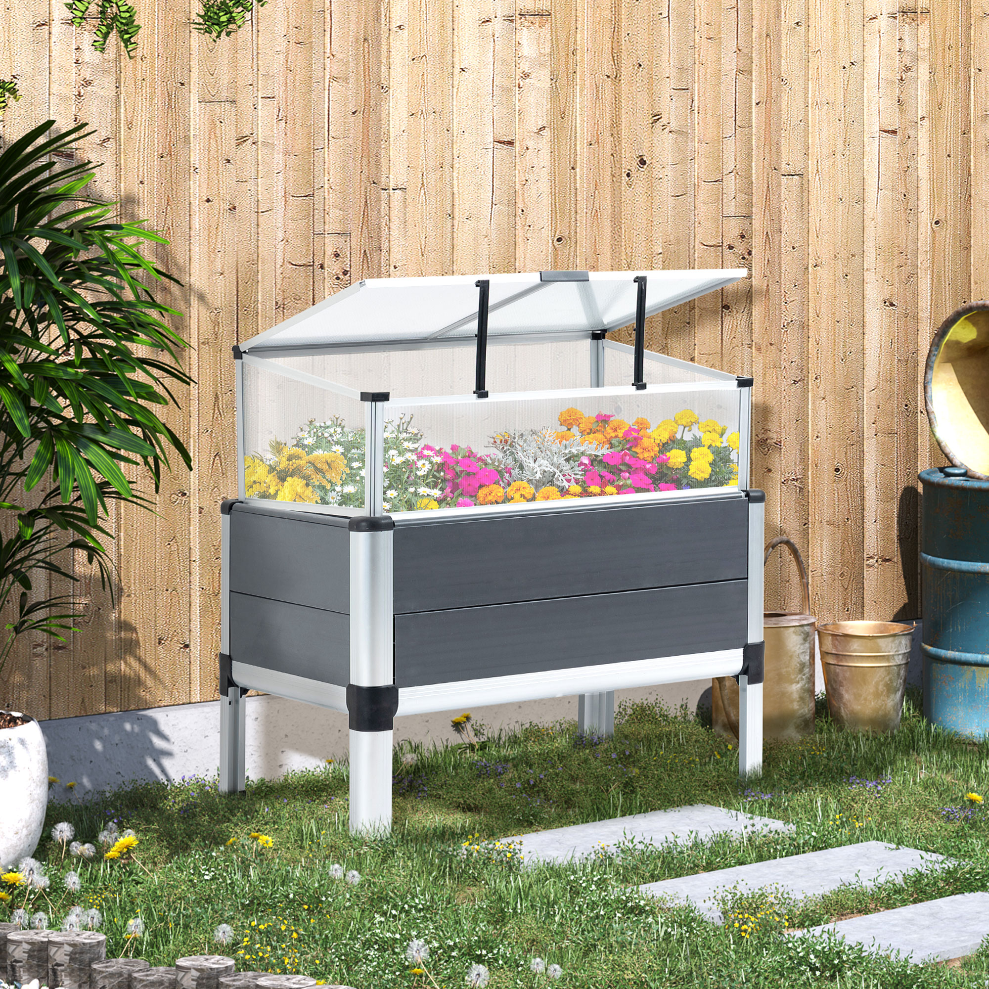 Jardineira elevada Outsunny para jardim urbano, em alumínio, 78,5 x 47 x 74,5 cm, com tampa de policarbonato e teto articulado, ideal para o cultivo de plantas e flores, na cor cinza.
