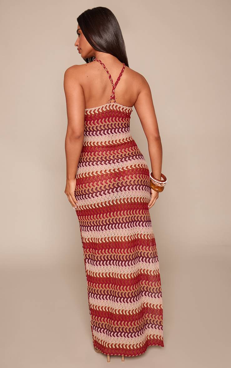 Rose Robe Maxi Petite En Crochet À Rayures Avec Col En V Et Bretelles