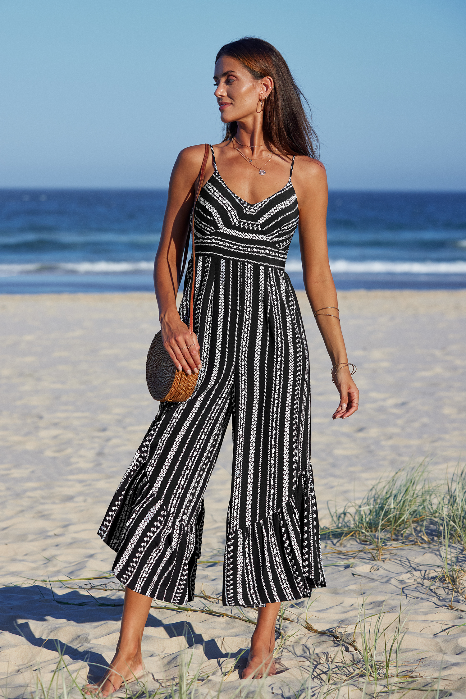 Combinaison évasée sans manches à rayures boho