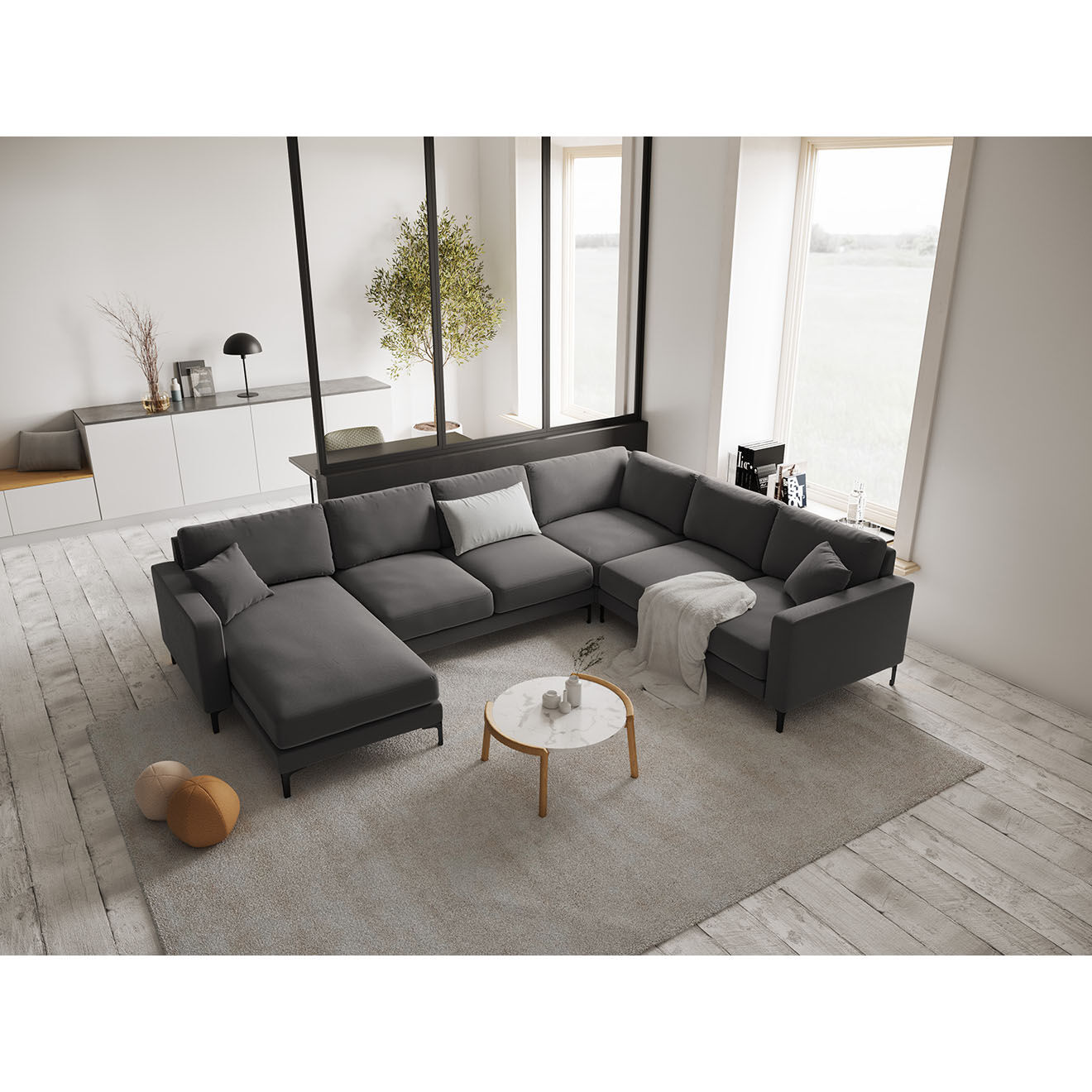 Mazzini Sofas Canapé Panoramique droit Velours Venus 6 Places gris - 326x236x90 cm