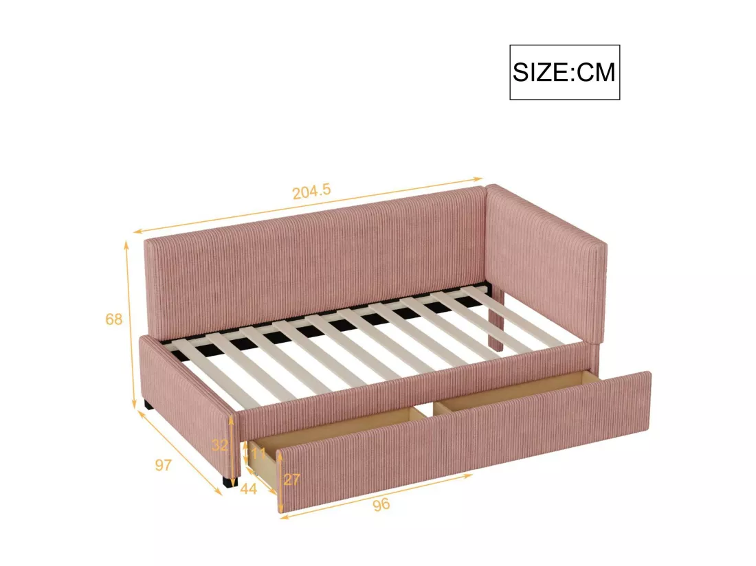 Lit banquette capitonné 90x200cm en velours - 2 tiroirs - avec sommier à lattes - Rouge