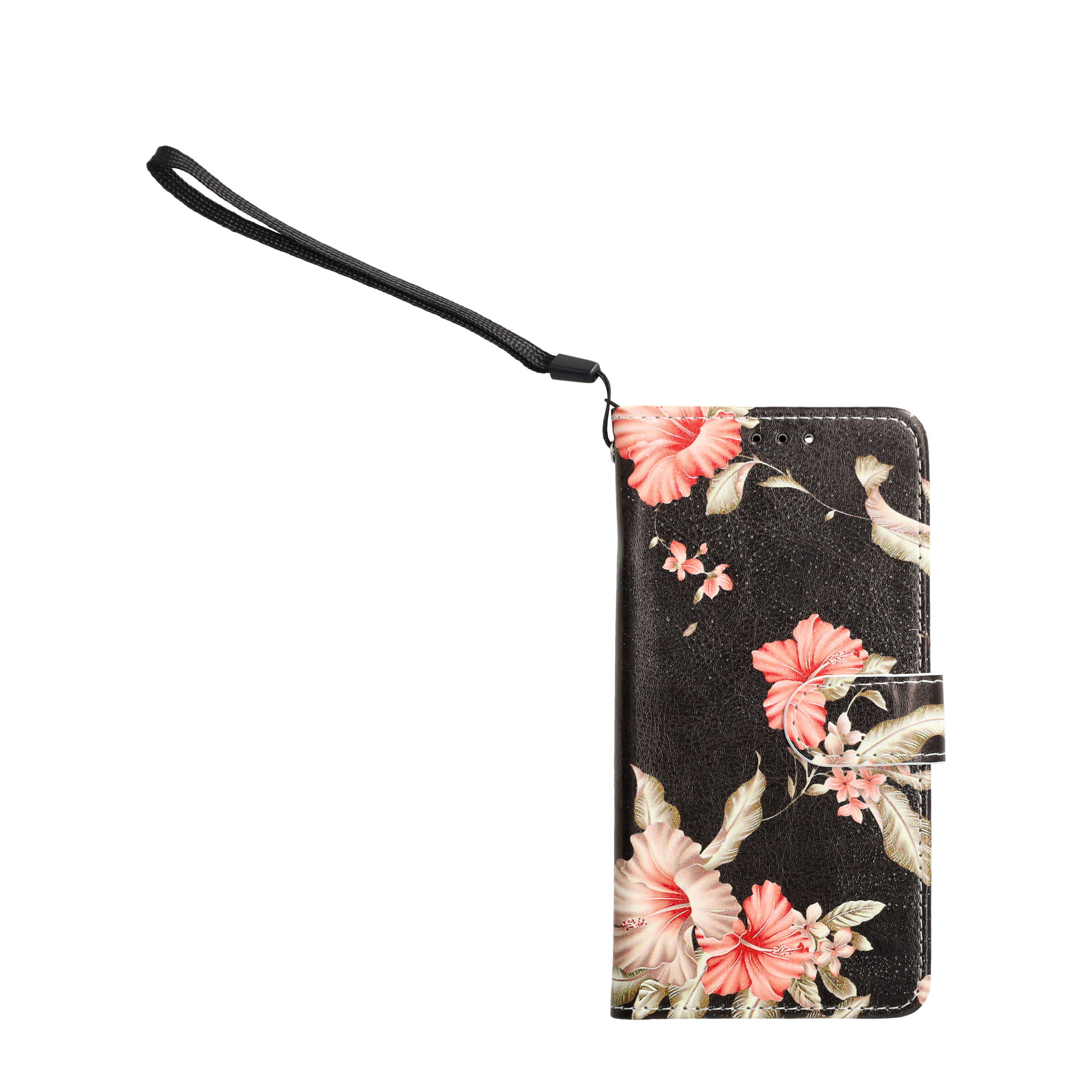iPhone 12 / iPhone 12 Pro Leder Tasche Flip Cover Rosa Azalea Blumen - Schwarz