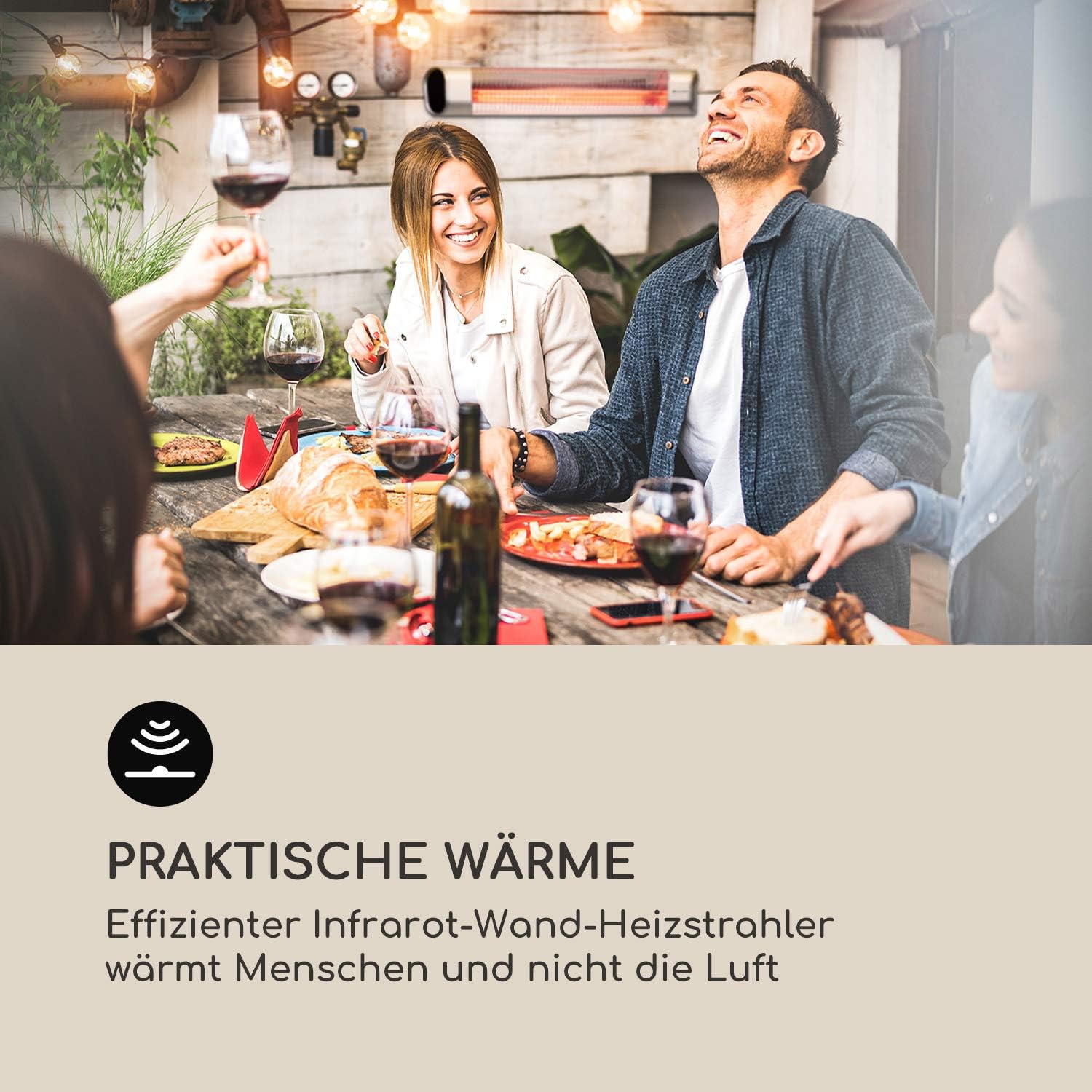 Blumfeldt Dark Wave Infrarotstrahler, Heizstrahler Terrasse, MinimalGlare Heating Tube: Goldbeschichtete Carbonröhre, 9 Heizstufen, Timer, IP65, LED-Display, Deckenheizstrahler mit 2000 W, silber