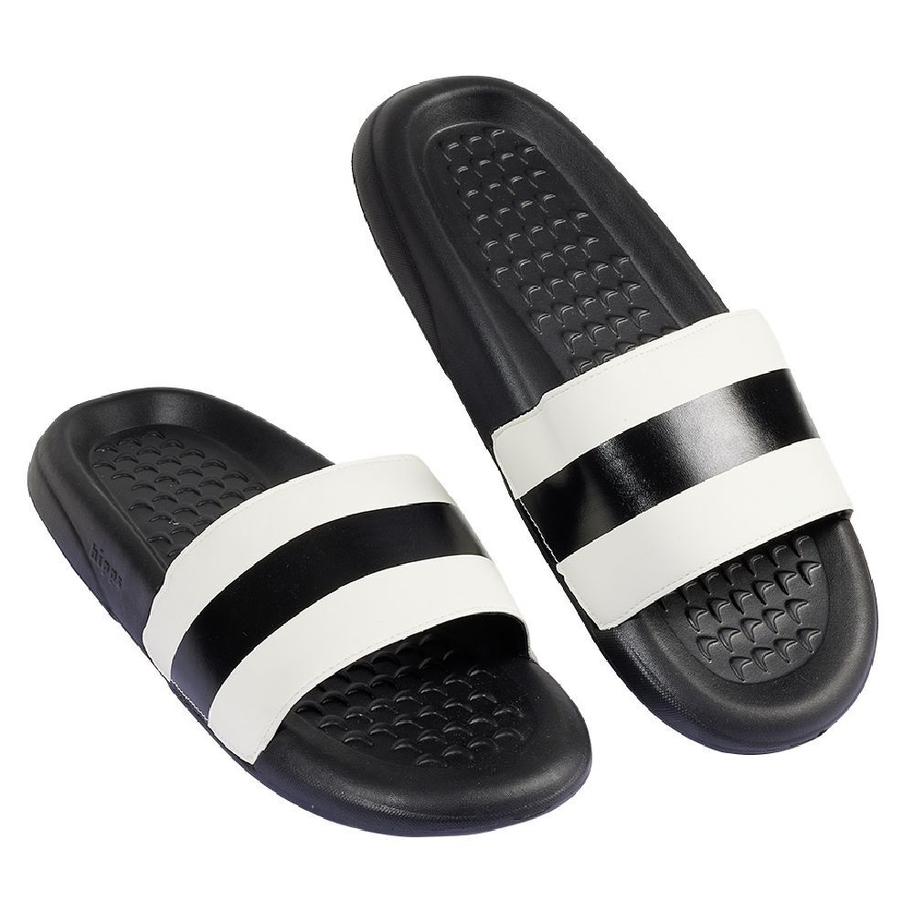 Sandales claquettes plastique noir avec bandes blanches 44/45