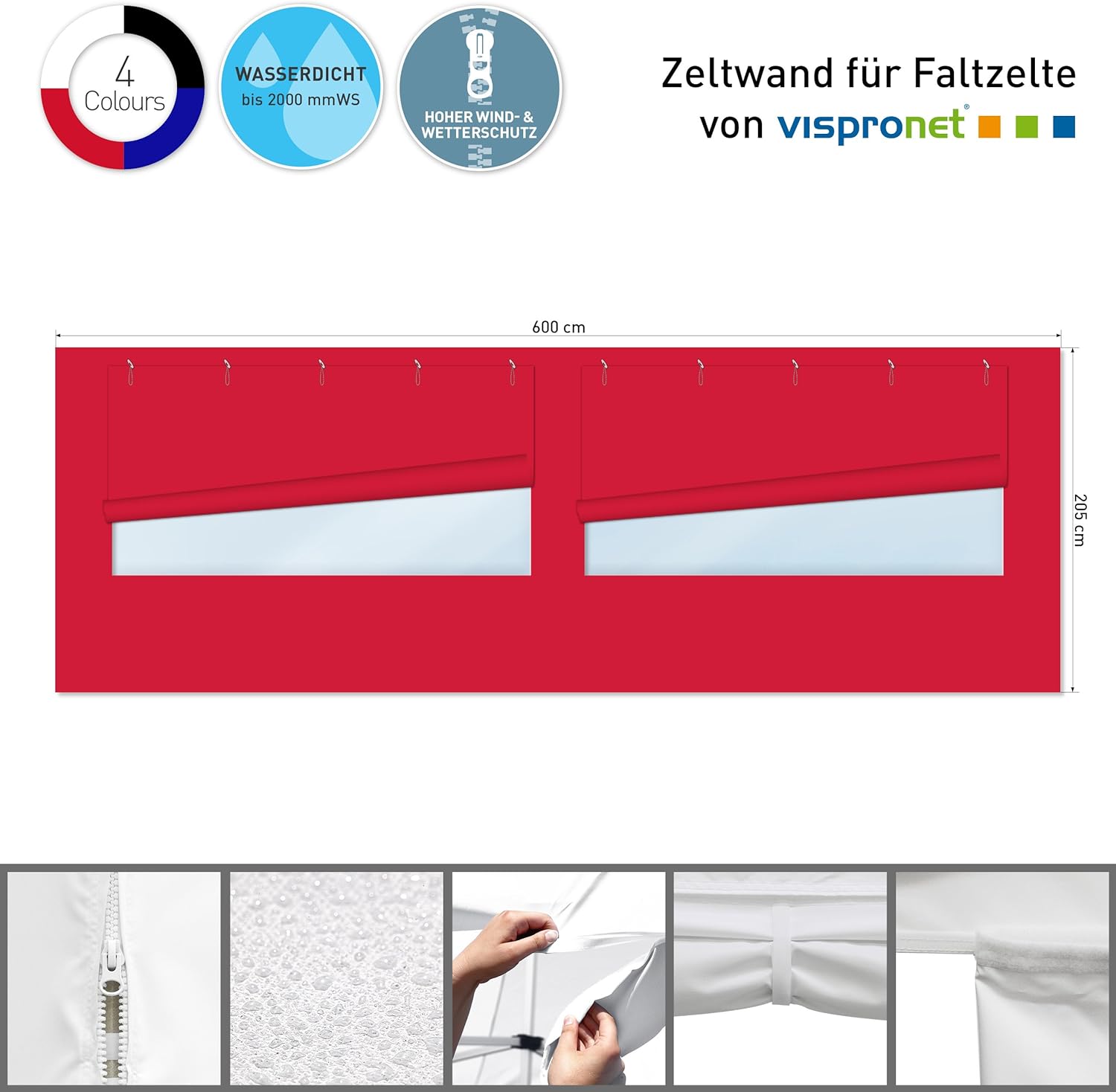 Vispronet Profi Faltpavillon Basic - 3x6 m in Rot - 4 Vollwände mit Panoramafenster - Scherengittersystem - Farbe & Größe wählbar
