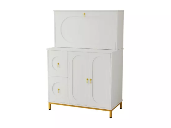 Secrétaire avec 3 porte et 2 tiroirs - MDF et métal - charnières - Blanc - 100x51x150cm