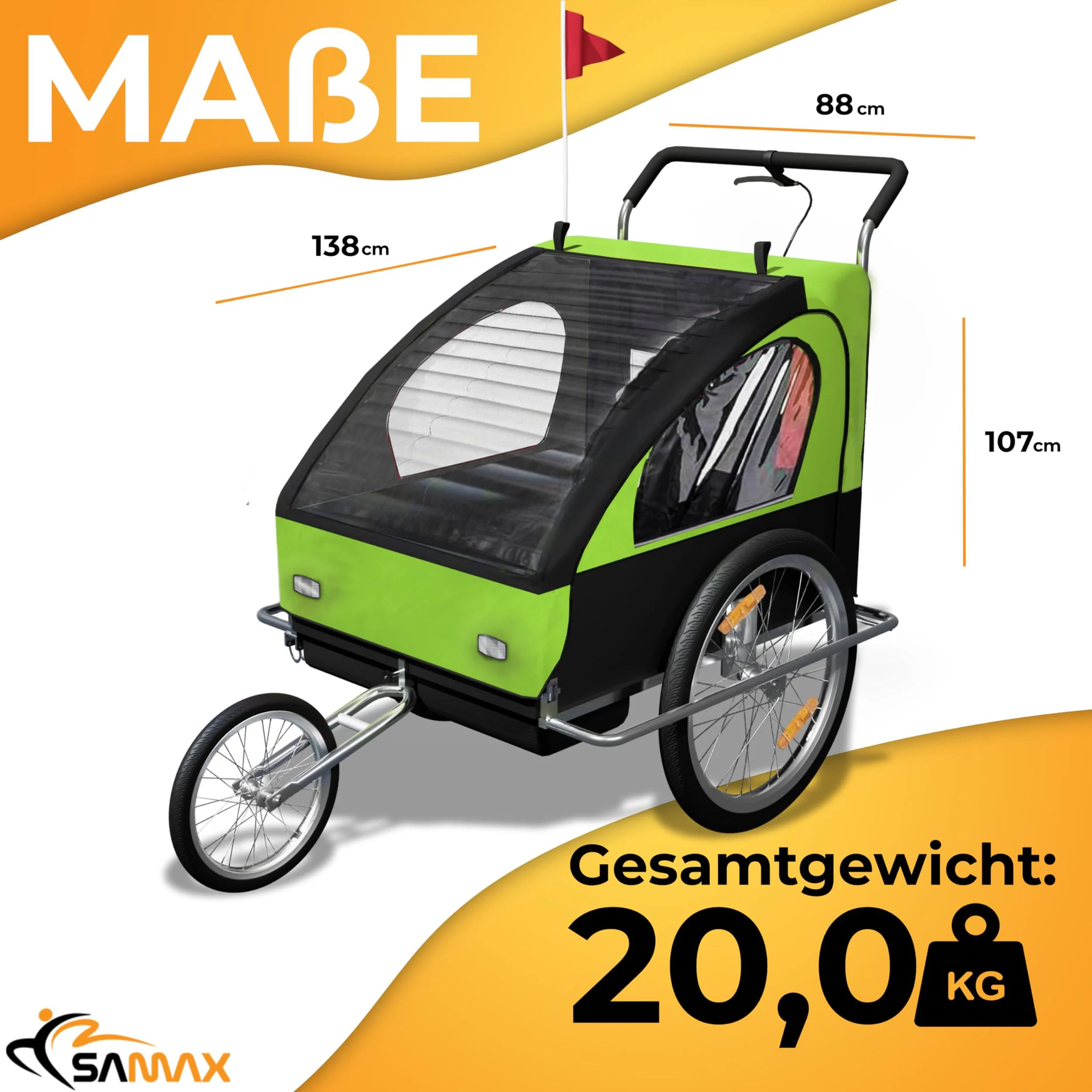 SAMAX Fahrradanhänger 2in1 Jogger - in Grün/Schwarz - Silver Frame