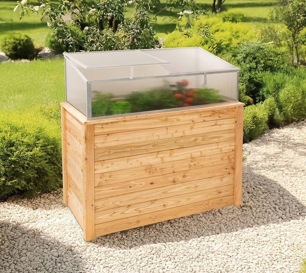 WESTMANN Hochbeet mit Frühbeetaufsatz Klassik Plus 130 | Lärchenholz FSC-Zertifiziert | Aluminiumrahmen | Natur/Silber | 130x65x84cm