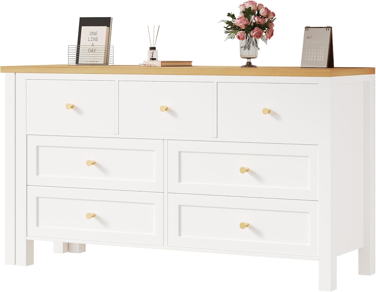 Merax Schreibtisch mit 7 Schubladen, 2-in-1 Sideboard und Arbeitsplatz, 360° drehbar, L-förmiger Eckschreibtisch oder Frisiertisch, Viel Stauraum & modernes Design, einfache Montage, Weiß & Holzfarbe