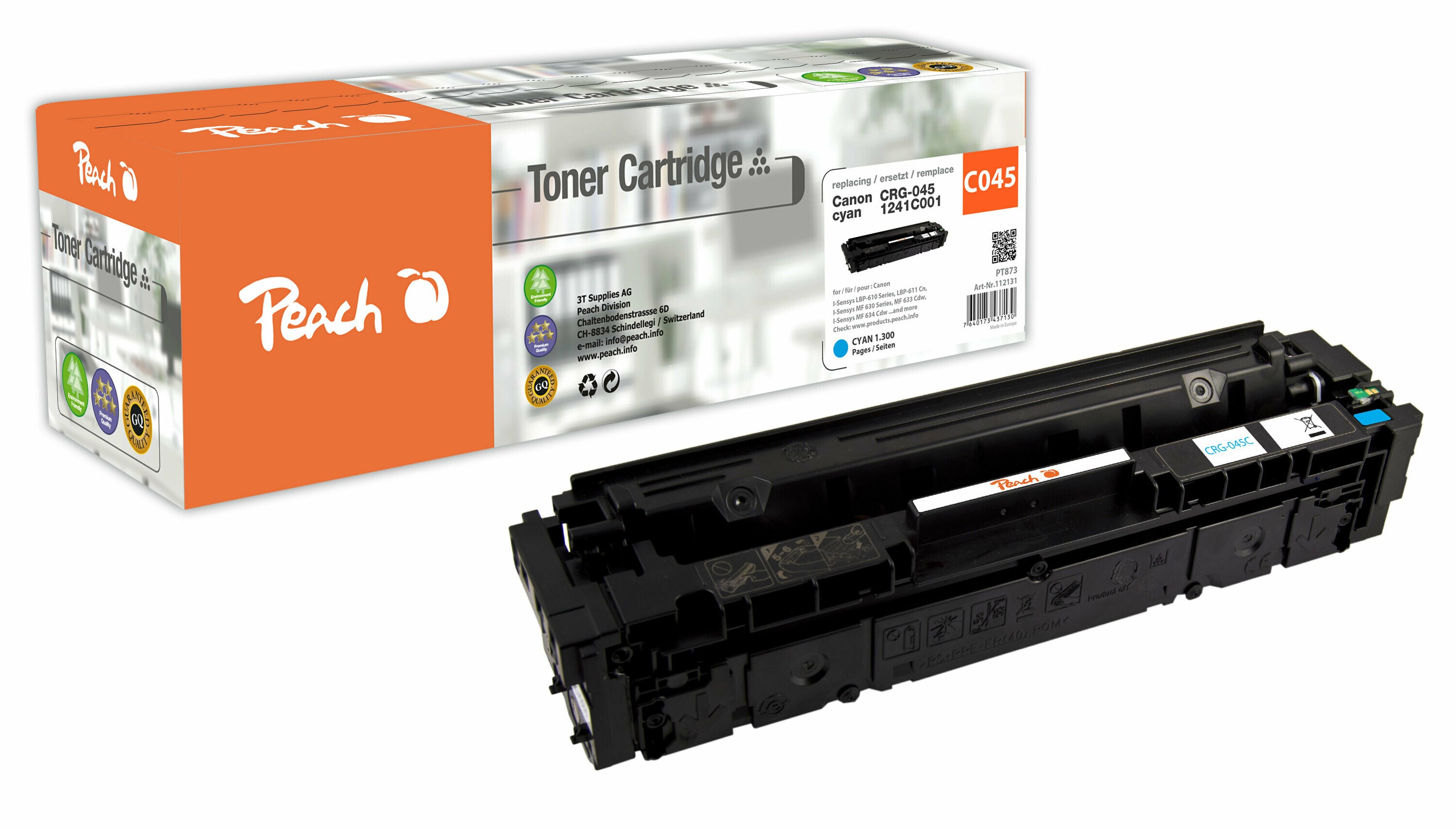 Peach HP 045 c Toner cy ersetzt Canon CRG-045 c, 1241C002 für z.B. Canon ISensys MF 635 Cx, Canon ISensys LBP -610, Canon ISensys LBP -611 Cn (wiederaufbereitet)