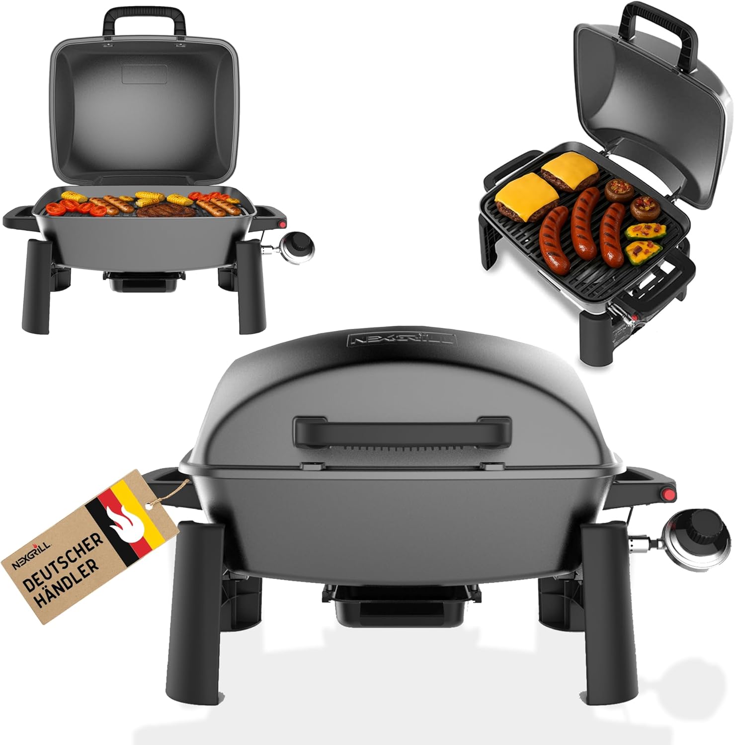 Nexgrill Gasgrill klein & tragbar für bis zu 300° – Tischgrill Gas für Balkon & Camping, Kleiner Grill mit Deckel, Gusseisenrost, 3,1 kW Edelstahlbrenner, Piezozündung, Mini Gasgrill kompakt