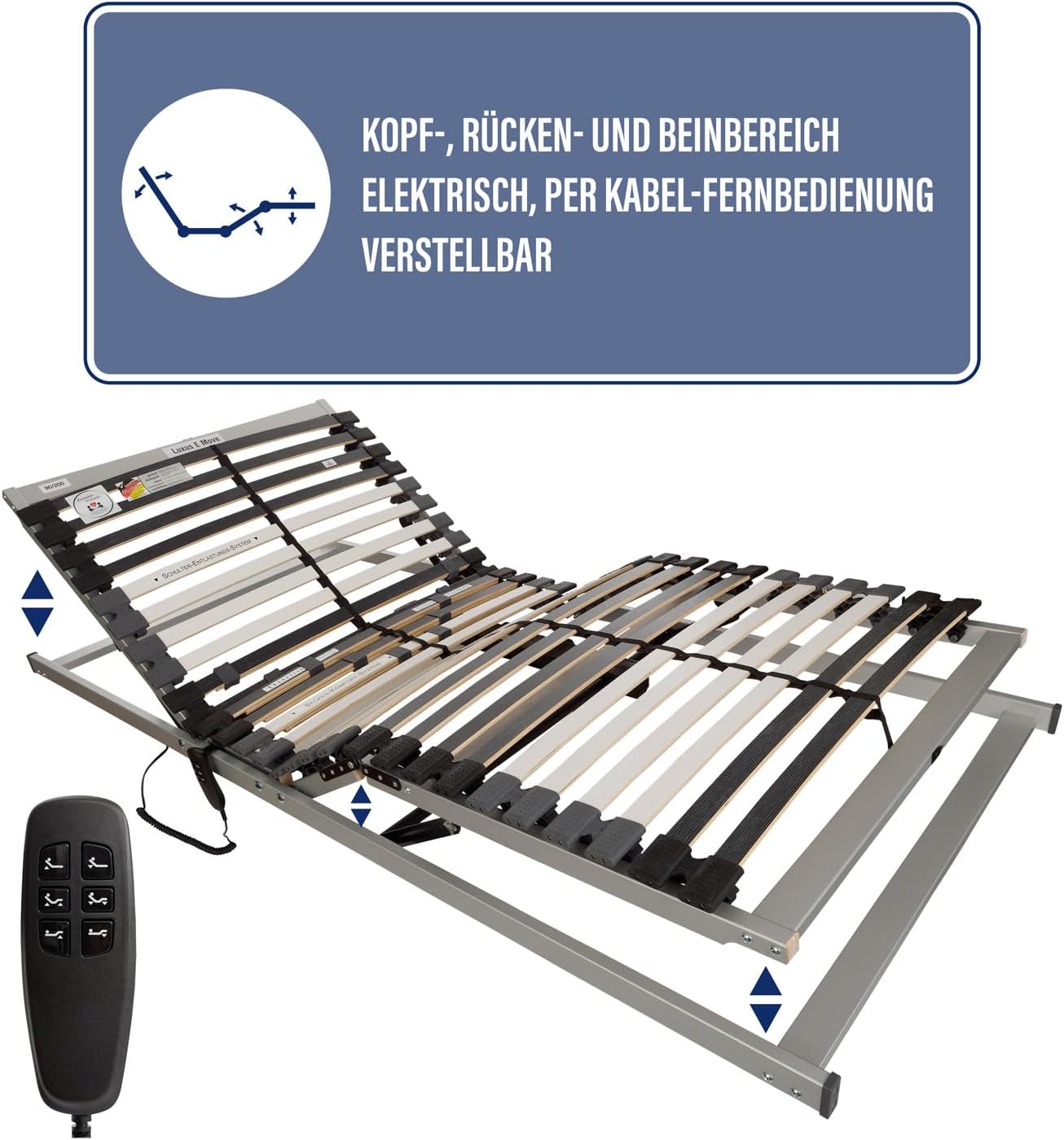 BeCo Lattenrost, Luxus E-Move, elektrischer Lattenrost, 90 x 200 cm, 28 Federholzleisten, komplett montiert, Kopf-und Fußteil verstellbar, TÜV geprüft, Made in Germany