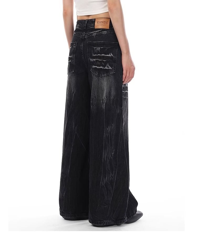 rinkoplan - Low Waist Washed Wide Leg Jeans