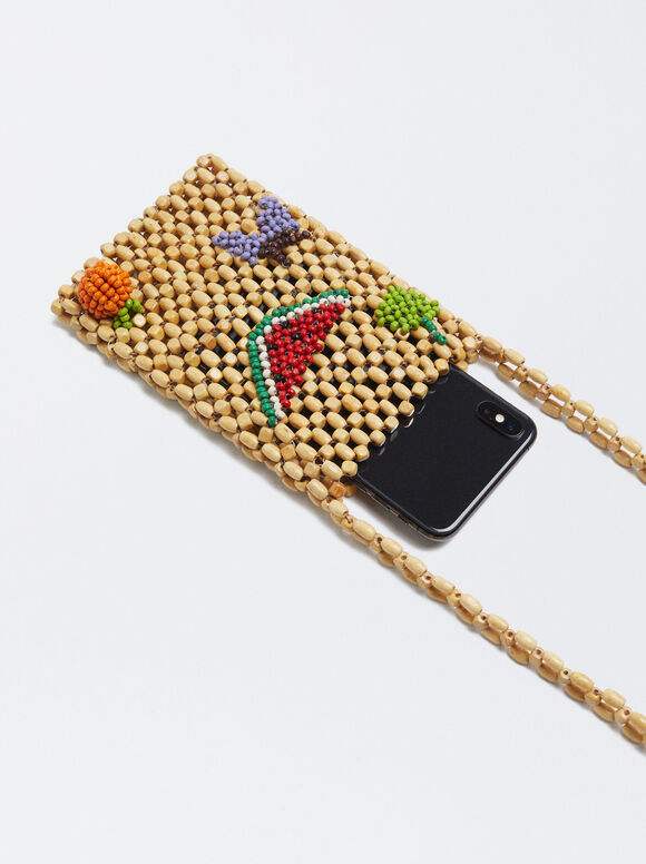 Bolsa de madeira para celular com balões - Bege